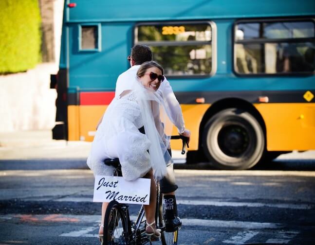 Just Married and riding a Rodriguez Tandem bicycle